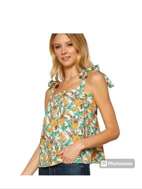 Skies Are Blue Tropical Floral Linen Blend Tie Shoulder Tank Top Medium Resort